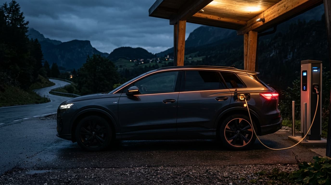 SUV électrique compact branché sur une borne de recharge, idéal pour un conducteur senior en Belgique