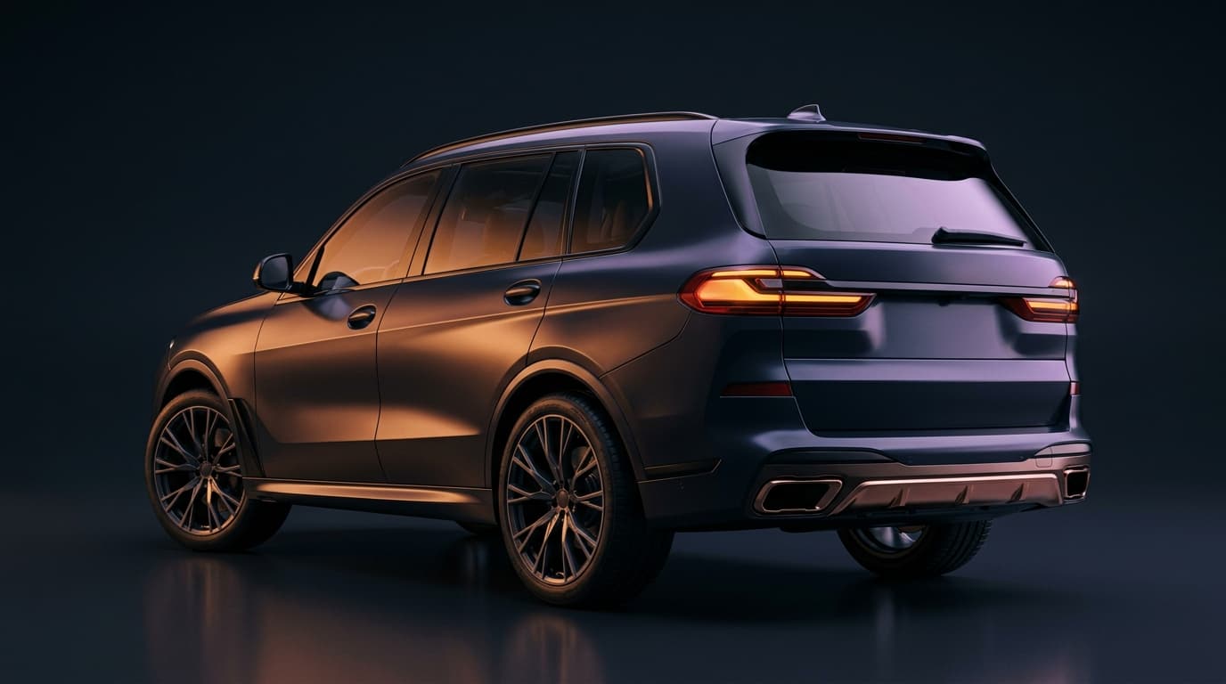 Dark SUV in front three-quarter view, raised bodywork and large alloy wheels