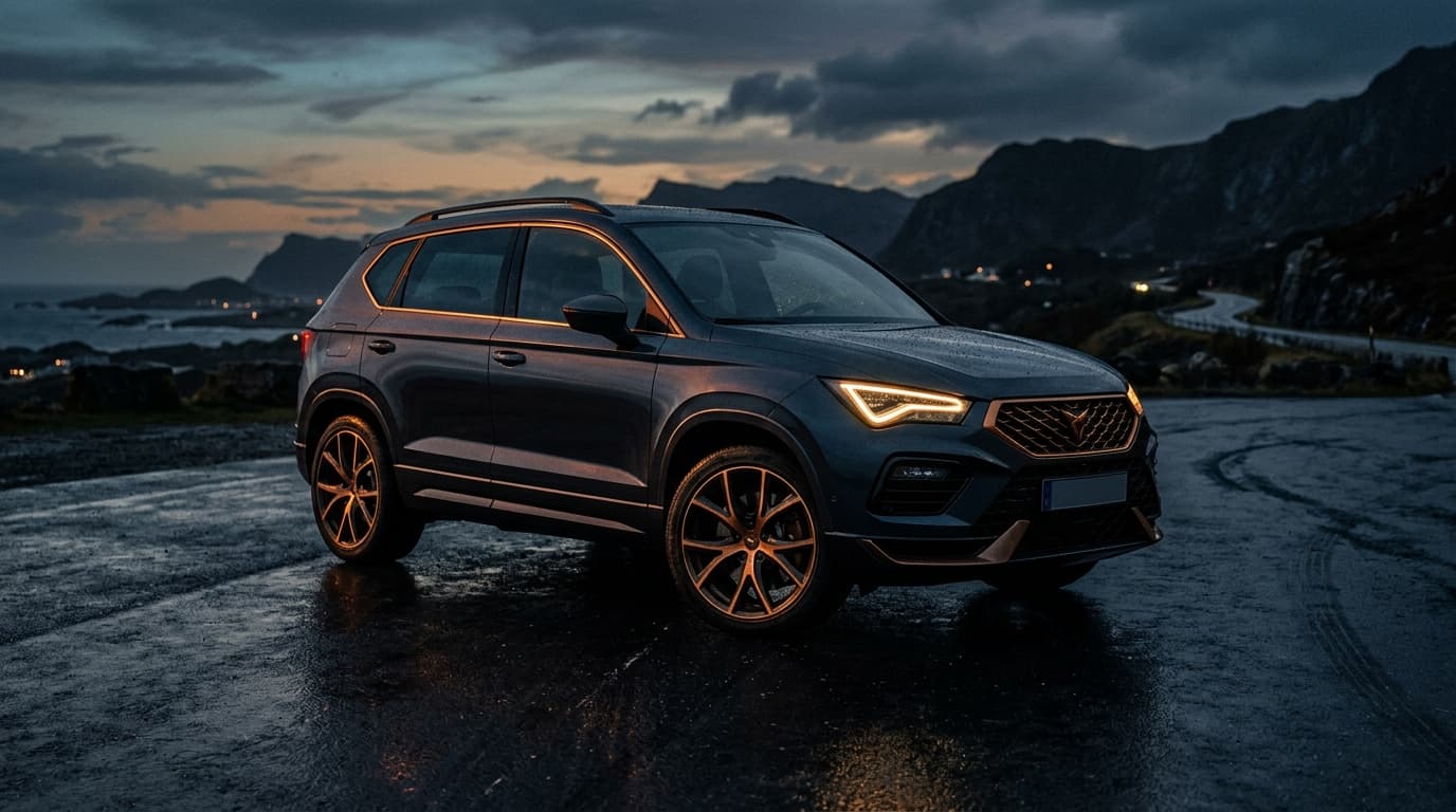SUV sombre garé sur une route mouillée au crépuscule, illustrant la fiabilité et la durabilité d'un SUV en Belgique