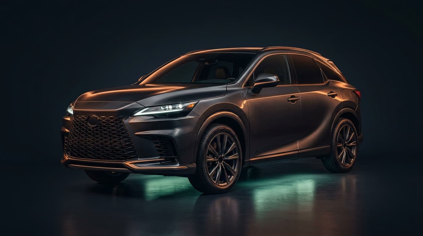 SUV hybride compact sombre à l'arrêt sur une route de campagne belge au crépuscule